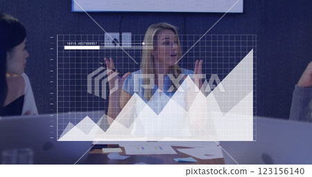 Businesswoman presenting data, financial graph image over office meeting 123156140