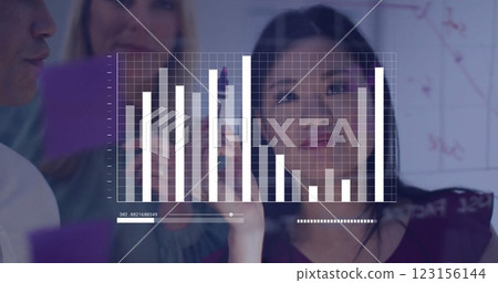 Business people brainstorming with bar graph image over transparent grid 123156144
