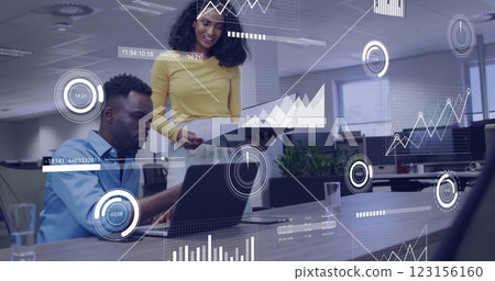 Business data analytics image over diverse colleagues collaborating in modern office Business data analytics image over diverse colleagues collaborating in modern office 123156160