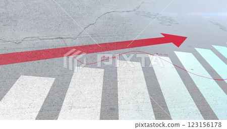 Red upward arrow and line graph image over bar chart on textured background 123156178