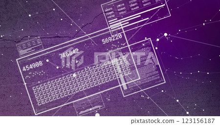 Digital data processing image over abstract purple background with numbers and charts 123156187