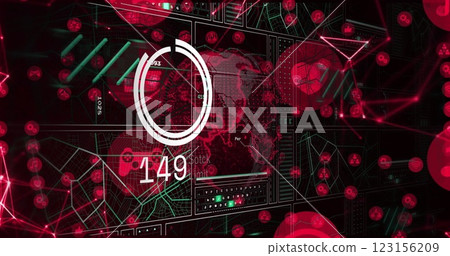Digital data processing image over red and green graphical interface with numbers Digital data processing image over red and green graphical interface with numbers 123156209