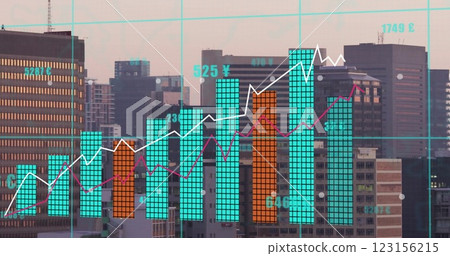Image of diagrams and data processing over cityscape 123156215