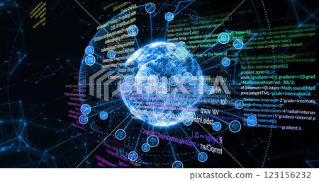 Digital globe surrounded by data processing image with various coding elements 123156232