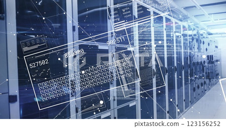 Image of data processing and network of connections over server room Image of data processing and network of connections over server room 123156252