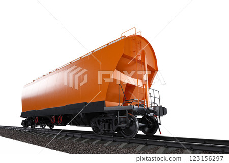 Train with colorful hopper cars on the railway tracks. Railroad on a white background. Train with colorful hopper cars on the railway tracks. Railroad on a white background. 123156297