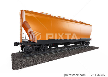 Train with colorful hopper cars on the railway tracks. Railroad on a white background. Train with colorful hopper cars on the railway tracks. Railroad on a white background. 123156307