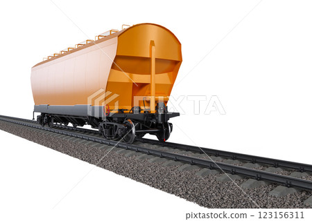 Train with colorful hopper cars on the railway tracks. Railroad on a white background. 123156311