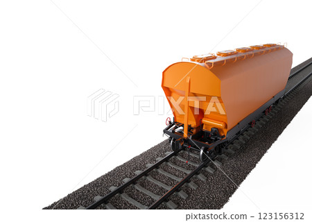 Train with colorful hopper cars on the railway tracks. Railroad on a white background. Train with colorful hopper cars on the railway tracks. Railroad on a white background. 123156312