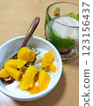 A breakfast with lots of fruit and yogurt 123156437