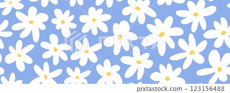 Hand drawn white flower seamless pattern. Floral repeating wallpaper for textile design, fabric, print, wrapping paper. Cute daisy flowers on blue background. Vector repeated ditsy texture Hand drawn white flower seamless pattern. Floral repeating wallpaper for textile design, fabric, print, wrapping paper. Cute daisy flowers on blue background. Vector repeated ditsy texture 123156488