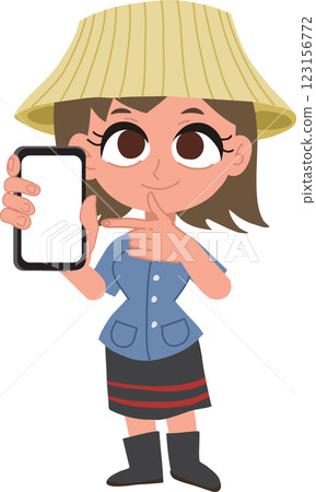 cartoon of a smiling thai female farmer holding smartphone,  using smartphone 123156772