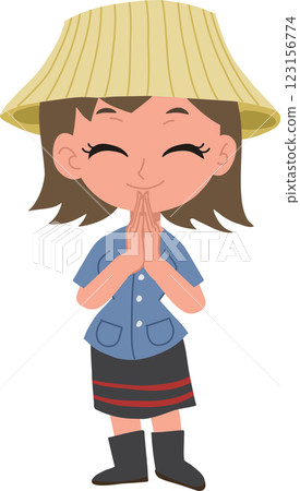 adorable cartoon of a thai farmer woman giving a warm wai greeting 123156774