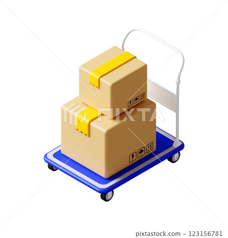 3DCG | Isometric | Image of a delivery worker carrying cardboard boxes on a cart 123156781