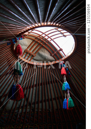 tunduk, upper part of kyrgyz yurt, view from inside. National symbol of Kyrgyzstan, nomad 123156934