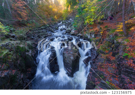 The  Hermitage is a woodland walk with stunning views of the waterfall, river, and a great place to enjoy and take in nature and the relaxing atmosphere especially in autumn, Dunkeld, Perth, Scotland  123156975