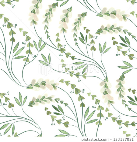 Textile seamless floral pattern with wild grasses and flowers. Design for kitchen home textiles, tablecloths, curtains, bed linen, dress fabrics, wrapping paper. 123157051
