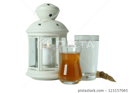 PNG, Ramadan. White Moroccan style lamp with traditional food, isolated on white background. 123157065