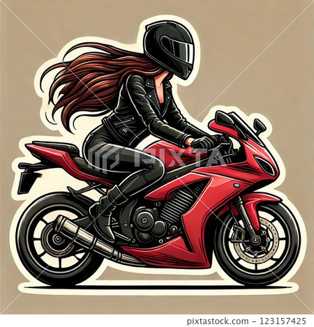 Long-haired female rider on a red bike Long-haired female rider on a red bike 123157425