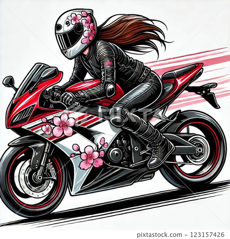 A long-haired female rider wearing a cherry blossom patterned full-face helmet and dashing on a red motorcycle A long-haired female rider wearing a cherry blossom patterned full-face helmet and dashing on a red motorcycle 123157426