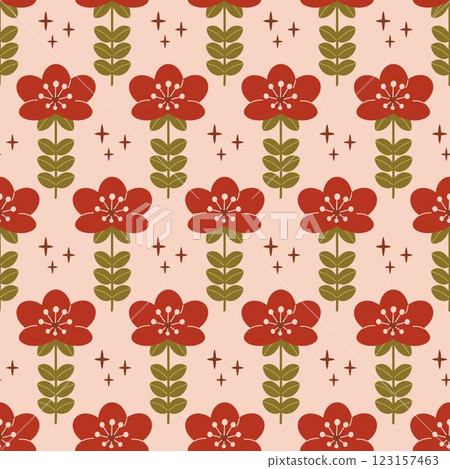 A bright pattern with a fantasy red flower and stars. 123157463