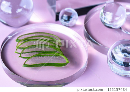 Aloe slices are arranged on a glass dish, featuring translucent spheres and a calm backdrop. Aloe slices are arranged on a glass dish, featuring translucent spheres and a calm backdrop. 123157484