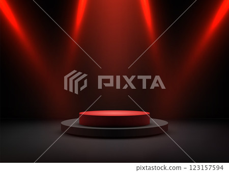 modern technology futuristic red illuminated 3D black podium for award ceremony or product display in modern showroom modern technology futuristic red illuminated 3D black podium for award ceremony or product display in modern showroom 123157594