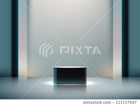 3D Modern Black Cylindrical Podium on Reflective Surface for Product Showcase and Tech Display 123157607