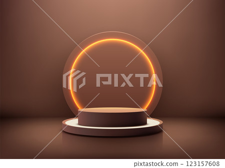 modern 3d circular brown podium with glowing orange ring backdrop, technology showcase concept modern 3d circular brown podium with glowing orange ring backdrop, technology showcase concept 123157608