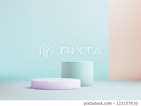 pastel cylindrical podiums on light surface, 3d product mockup for modern showcase and display 123157610