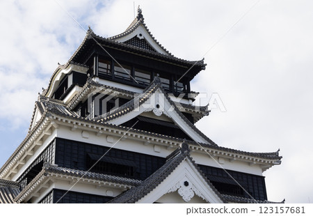the exterior of Kumamoto Castle, The castle keep is a concrete reconstruction built in 1960,but some ancillary wooden buildings remain of original castle 123157681
