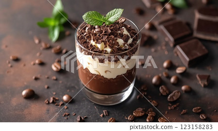 A delicious chocolate and coffee dessert in a glass, topped with chocolate shavings and mint 123158283
