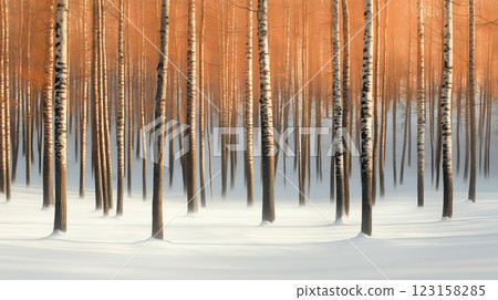 Serene winter forest with birch trees in soft morning light, snow-covered ground 123158285