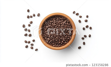 Top view of a wooden bowl filled with roasted coffee beans on a white background 123158286