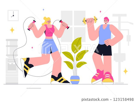 Fitness and Gym Vector Illustration Featuring Exercise, Wellness, Mental Health, Healthcare, and a Healthy Lifestyle in a Flat Style Background Fitness and Gym Vector Illustration Featuring Exercise, Wellness, Mental Health, Healthcare, and a Healthy Lifestyle in a Flat Style Background 123158498