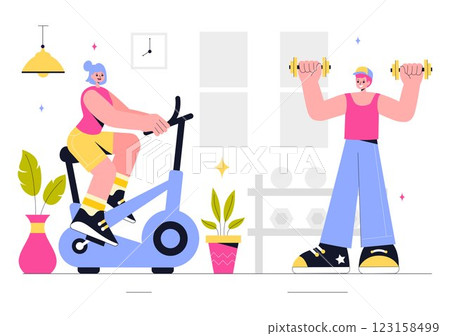 Fitness and Gym Vector Illustration Featuring Exercise, Wellness, Mental Health, Healthcare, and a Healthy Lifestyle in a Flat Style Background Fitness and Gym Vector Illustration Featuring Exercise, Wellness, Mental Health, Healthcare, and a Healthy Lifestyle in a Flat Style Background 123158499