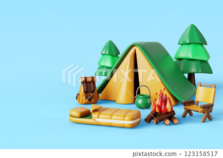 3d summer camp with tent, sleeping bag, backpack, chair, bonfire and bowler. Render cartoon landscape with forest and campsite. Equipment for travel, hiking and activity vacation. 3D illustration 3d summer camp with tent, sleeping bag, backpack, chair, bonfire and bowler. Render cartoon landscape with forest and campsite. Equipment for travel, hiking and activity vacation. 3D illustration 123158517