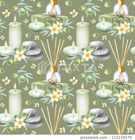 Olive soap aleppo, candles, aroma diffuser, stack pebbles, frangipani flowers and olive branches. Hand drawn watercolor isolated seamless pattern on dark olive color for packaging, spa salon design. 123158579