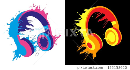 Stereo music wireless over ear headphones on splashed bright acrylic paint background. Noisy party, banner for disco decoration, print on clothes. Colorful vector on white and black back 123158620