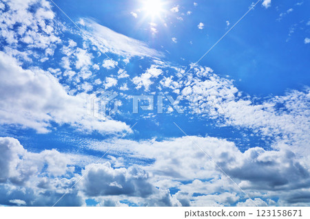 Summer blue sky, clouds and sun 123158671
