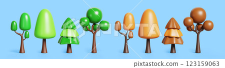 3d summer and autumn nature landscape elements. Cartoon render set of green and orange trees, pine and fir for garden, outdoor park. Forest and yard plants. Greenery scene decoration. 3D illustration 123159063