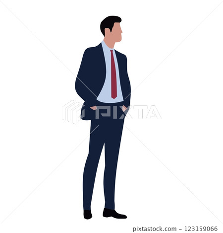 Businessman in a Suit Standing Confidently Professional vector illustration of a businessman in a navy suit with a red tie, standing confidently. Ideal for corporate, leadership, and professional care 123159066