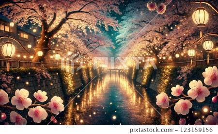Cherry blossom trees along the river at night (Japanese style, fairy tale style) 123159156