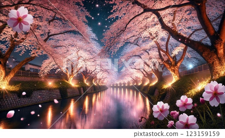 Cherry blossom trees along the river at night (fairy tale style) 123159159