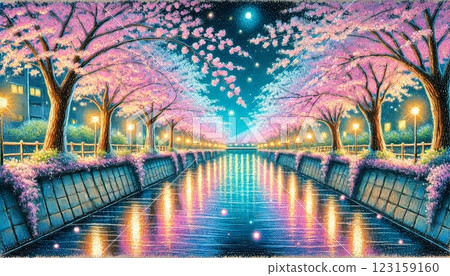 Cherry blossom trees along the river at night (crayon drawing) 123159160