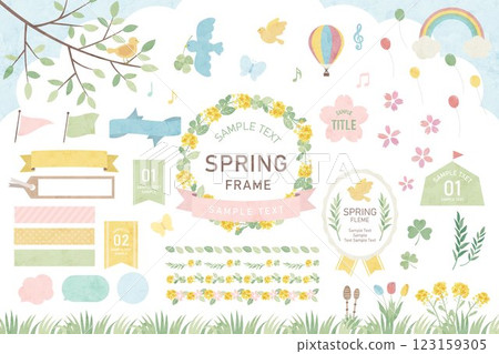 Spring cute watercolor style frame, spring decoration vector frame set 123159305