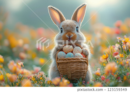 復活節兔子被春天的花朵和一籃五顏六色的雞蛋包圍著 123159349