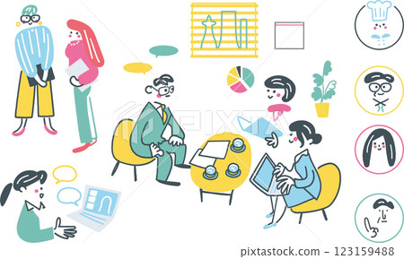 Stock illustration of a woman interacting with clients at a consulting or marketing office 123159488
