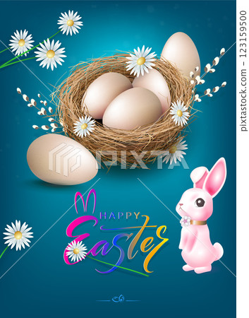 Composition with Easter eggs in a straw nest and a wonderful rabbit 123159500