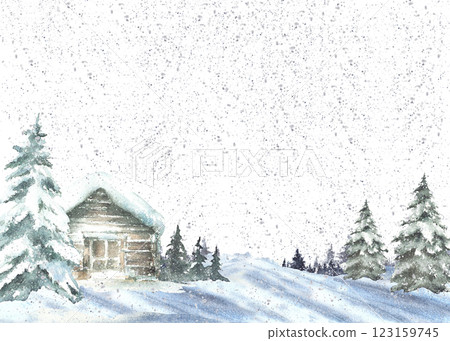 Winter landscape with snow covered house snowy pine tree and snowfall banner. Wooden cabin, chalet surrounded by snowdrifts. Watercolor painted illustration isolated from background for holiday card. 123159745